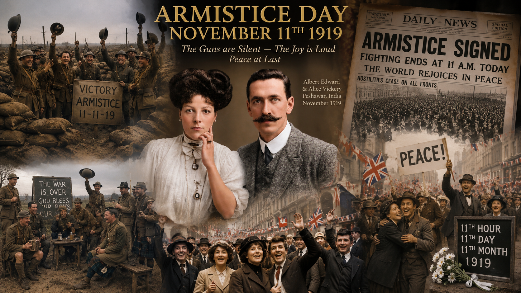 An Armistice Day remembrance composition featuring Albert and Alice Vickery and public celebrations.